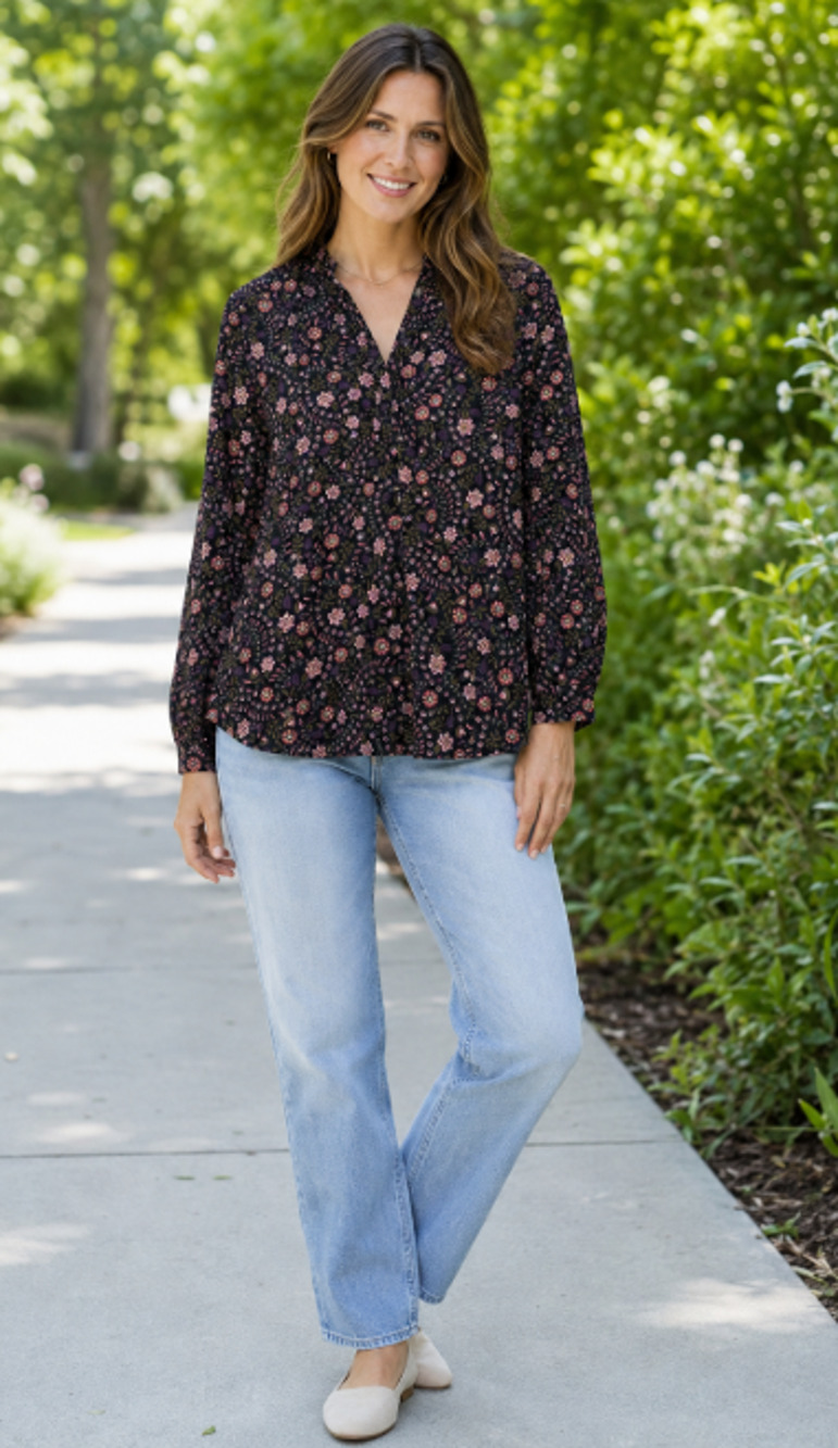Lands End Micro Corduroy 1/4 Button Floral Blouse Top 18 petite cottagecore 18p